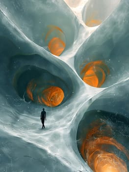 An organism walks through a freezing tunnel of ice, admiring the art created by water and geological phenomena. The landscape resembles an illustration with circular patterns and plants