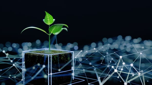 Plant growing from the cubic digital AI. Ecology and environment concept.ai generative.