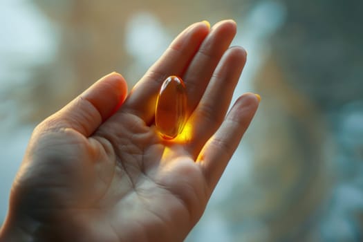 hand woman a Omega 3 oil or Vitamin D capsule tablet, Generative AI..