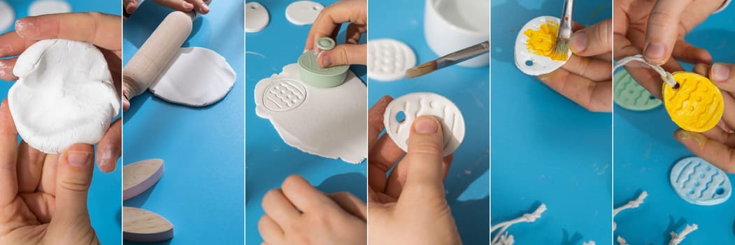 Collage tutorial Children air dry clay activity handicraft idea. DIY process step by step instruction. Preparing for Easter holiday decorating. Modern organic design minimalistic plastic free sustainable decor