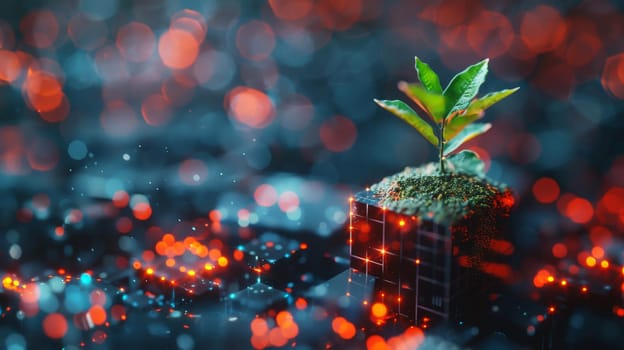 Plant growing from the cubic digital AI. Ecology and environment concept.ai generative.