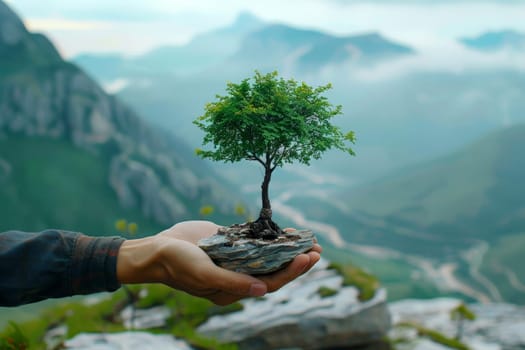 Close up hands holding a tree for planting, Environmental technology concept. Generative Ai.