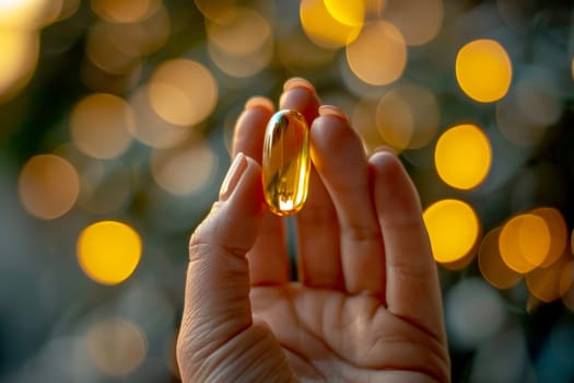 hand woman a Omega 3 oil or Vitamin D capsule tablet, Generative AI..