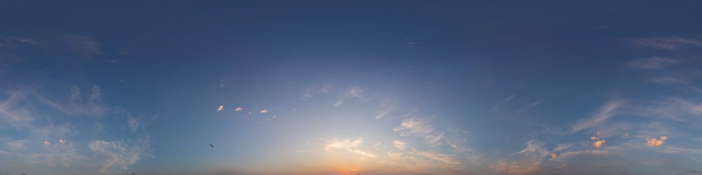 Dark blue sunset sky panorama with pink Cumulus clouds. Seamless hdr 360 pano in spherical equirectangular format. Full zenith for 3D visualization, game, sky replacement for aerial drone panoramas