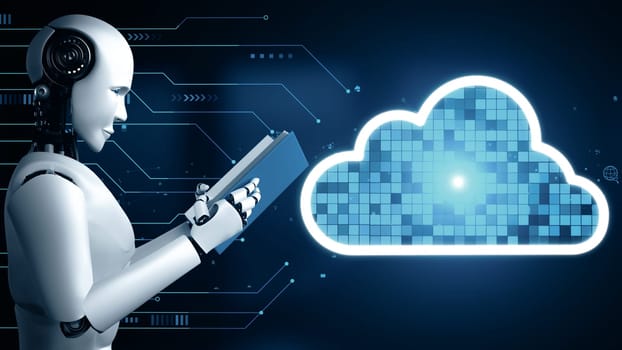 XAI 3d illustration AI robot huminoid uses cloud computing technology to store data on online server. Futuristic concept of cloud information storage analyzed by machine learning process. 3D rendering.