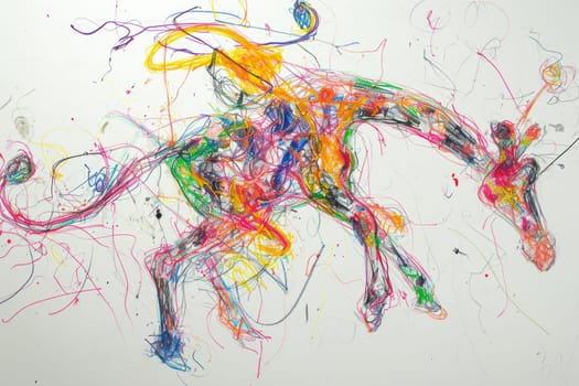 The hand drawing colourful picture of giraffe that has been drawn by the colored pencil, crayon or chalk on the white blank background that seem to be drawn by the child that willing to draw. AIGX01.