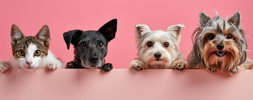 The picture of front view and close up of the multiple group of the various cat and dog in front of the bright pink background that look back to the camera with the curious and interest face. AIGX03.