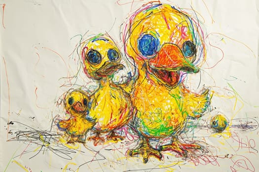 The hand drawing colourful picture of the group of the various type of the duck that has been drawn by the colored pencil or crayon on the white background that seem to be drawn by the child. AIGX01.