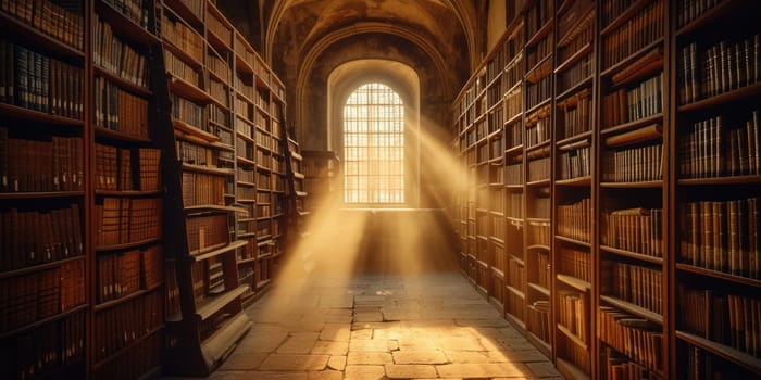 Majestic rays of sunlight beam through a stained glass window, illuminating the dusty shelves of ancient books in a historic library. Resplendent.