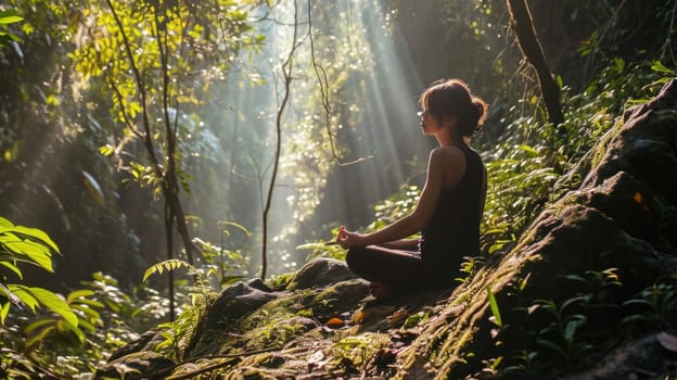 The picture of the young or adult female human doing the yoga pose for relaxation or meditating the mind in the middle of the nature under the bright sun in the daytime of a dawn or dusk day. AIGX03.