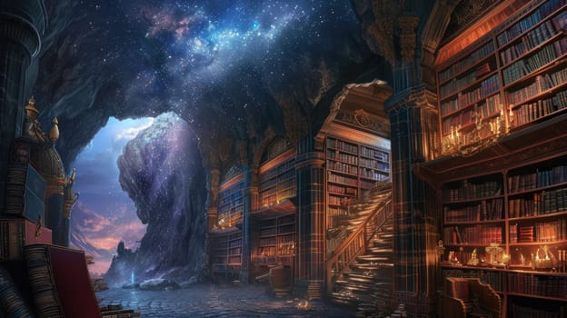 An ancient library filled with magical books, glowing orbs, and mystical artifacts. Shelves reach up to a high, vaulted ceiling, with soft light filtering through stained glass windows. Resplendent.