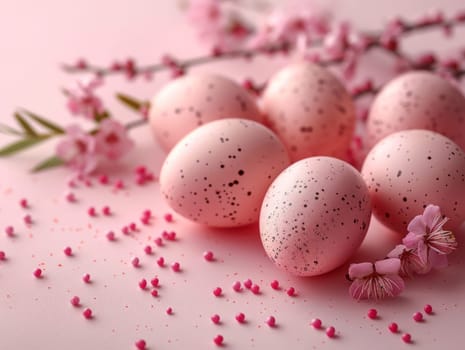 Pink and Golden Easter Eggs Background. Holiday Minimal Aesthetic Wallpaper with Easter Eggs and Copy Space..