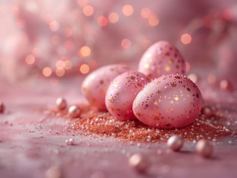 Pink and Golden Easter Eggs Background. Holiday Minimal Aesthetic Wallpaper with Easter Eggs and Copy Space..