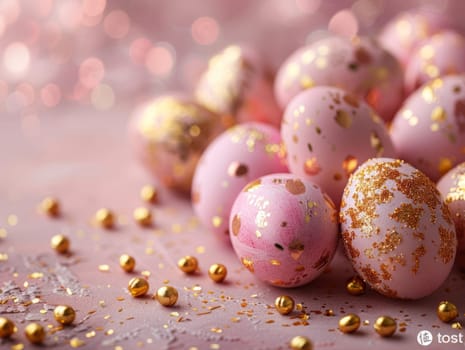 Pink and Golden Easter Eggs Background. Holiday Minimal Aesthetic Wallpaper with Easter Eggs and Copy Space..