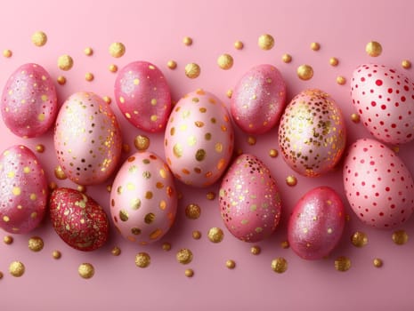 Pink and Golden Easter Eggs Background. Holiday Minimal Aesthetic Wallpaper with Easter Eggs and Copy Space..