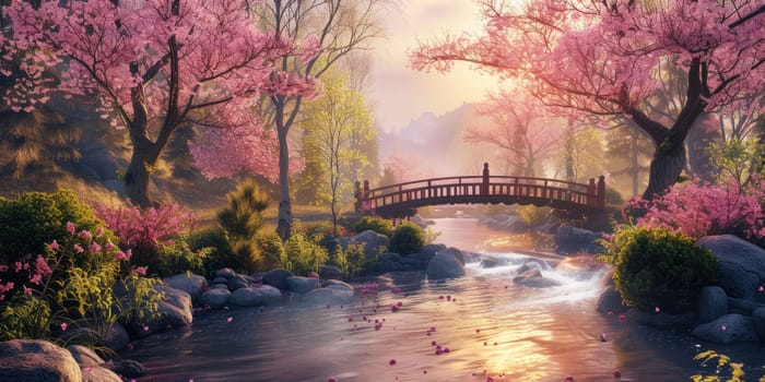 A serene Zen garden at sunrise, with a gently flowing stream, cherry blossoms in full bloom, and a quaint wooden bridge. Resplendent.