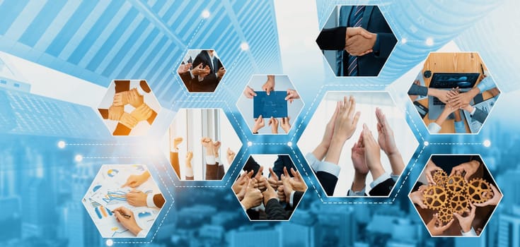 Teamwork and human resources HR management technology concept in corporate business with people group networking to support partnership, trust, teamwork and unity of coworkers in office kudos