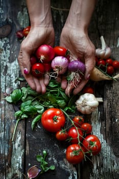 Various fresh vegetables in hands. Selective focus. Food.