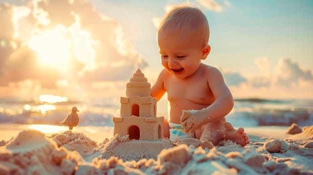 baby builds a sand castle on the beach. Selective focus. kid.