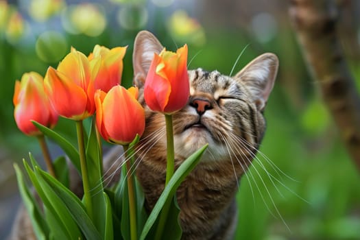 Domestic cute tabby cat with tulips. AI generated.