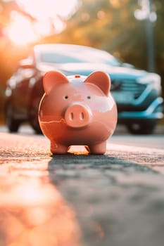 Piggy bank on the background of a car. Selective focus. Nature.