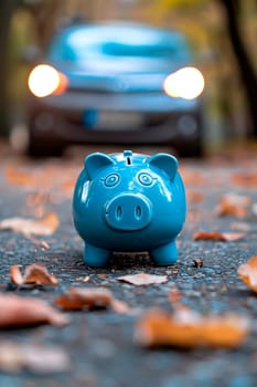 Piggy bank on the background of a car. Selective focus. Nature.