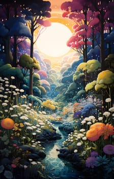 An artistic painting of a natural landscape, featuring a river with trees and flowers, sunlight shining through the trees like Christmas decorations at an event