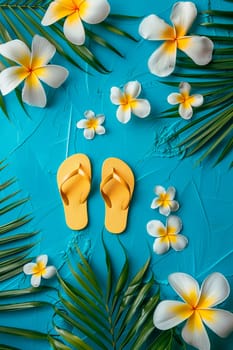 Floral background with summer slippers on a blue background. Selective focus. nature.