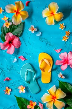 Floral background with summer slippers on a blue background. Selective focus. nature.