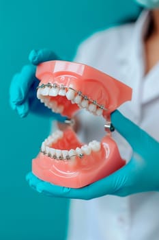 Model of a jaw at a dentist. Selective focus. Blue.