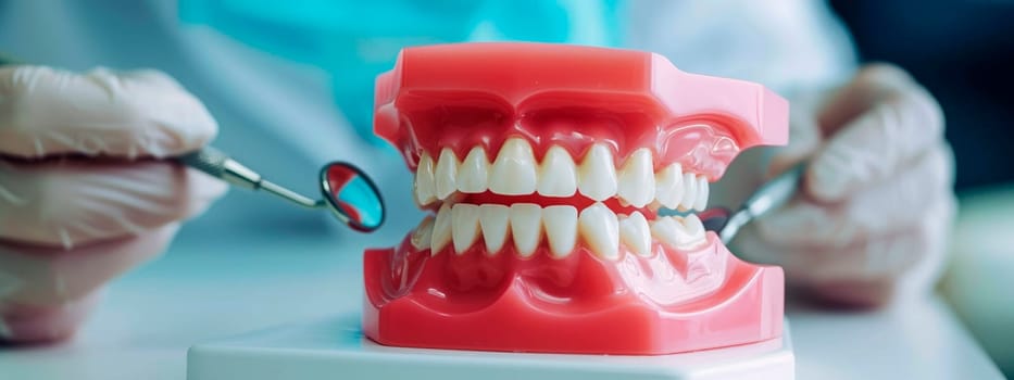 Model of a jaw at a dentist. Selective focus. Blue.