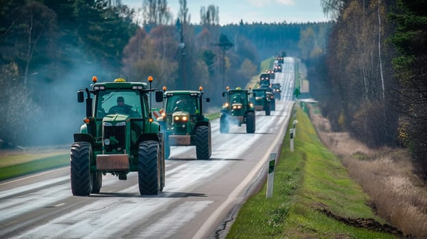 Many tractors are driving along the road to the protest. Selective focus. nature.