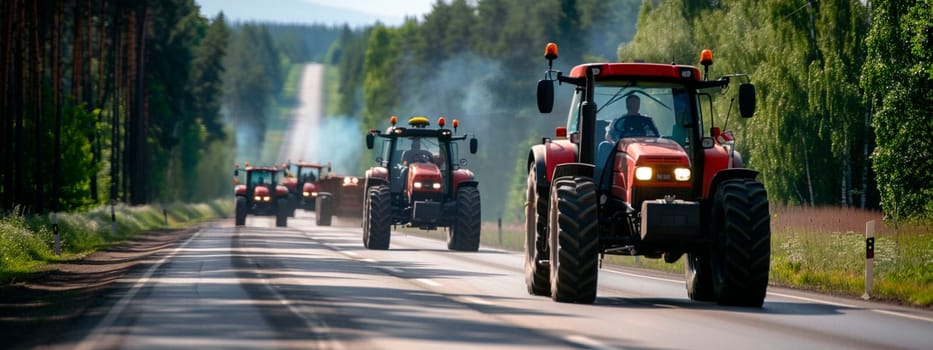 Many tractors are driving along the road to the protest. Selective focus. nature.