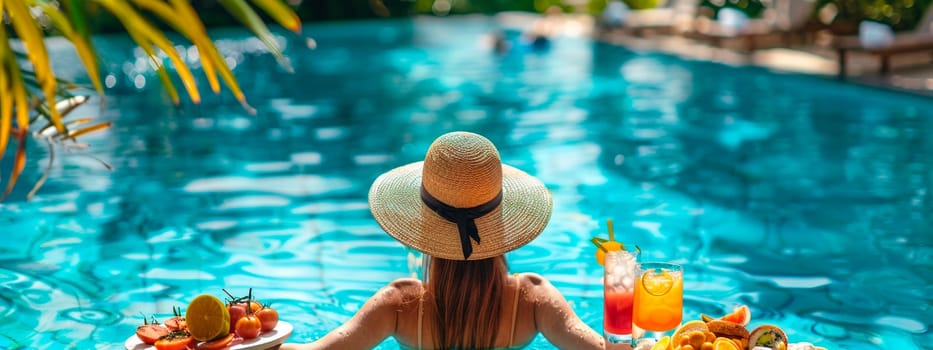 Woman in a pool with fruit. Selective focus. summer.