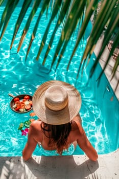 Woman in a pool with fruit. Selective focus. summer.