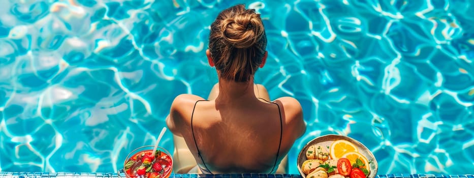 Woman in a pool with fruit. Selective focus. summer.