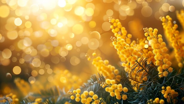 Beautiful mimosa flowers on bokeh background with copy space