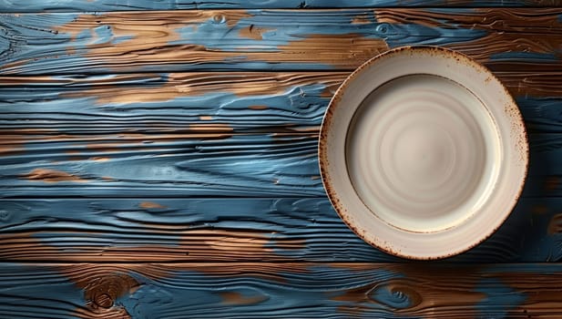 Empty plate on a blue wooden background. Top view. Copy space.