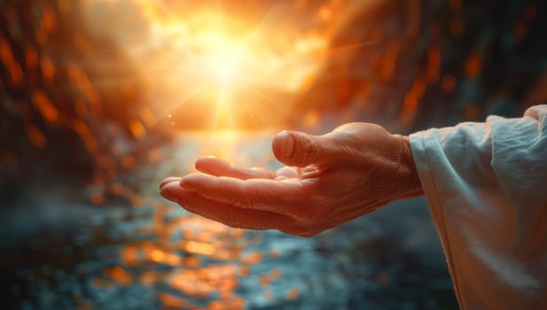 Close up of hands of an old man against the background of the setting sun