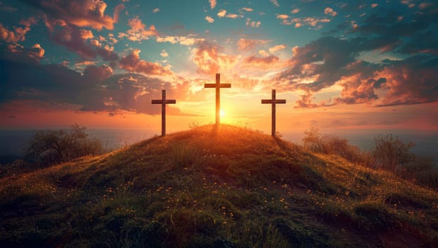 Three wooden crosses on a hill at sunset.