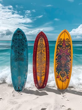 Three surfboards made of natural material are positioned in a circle on the beach near the electric blue ocean, under a cloudy sky, creating an artistic landscape