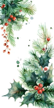 A watercolor painting featuring a Christmas tree adorned with holly and berries, showcasing the beauty of terrestrial vegetation and holiday ornaments