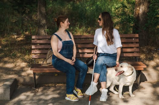 Blind caucasian woman sitting on bench with guide dog and pregnant friend