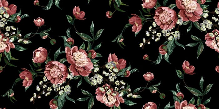 Seamless Asian oriental classical pattern drawn with pink peonies in a classic oriental style for textile