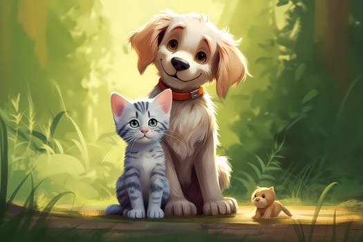 Cartoon cat and dog. Generated AI.