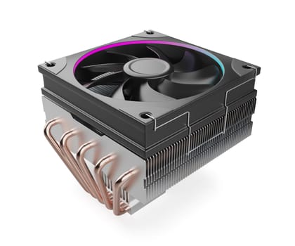 Low-profile computer processor cooler with five copper heat pipes on a white background