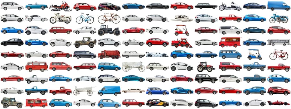 108 cars and various vehicles set of sedan, sports car, super car, bus, electric car, race car and other motor vehicles, many car photo collection set on isolated background