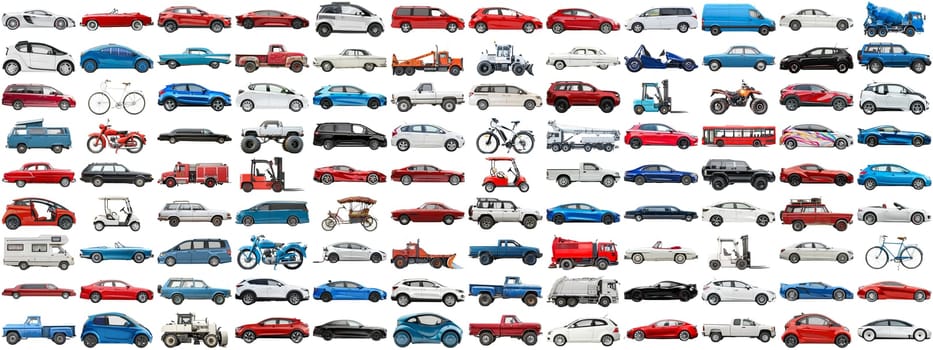 108 cars and various vehicles set of sedan, sports car, super car, bus, electric car, race car and other motor vehicles, many car photo collection set on isolated background AIG44