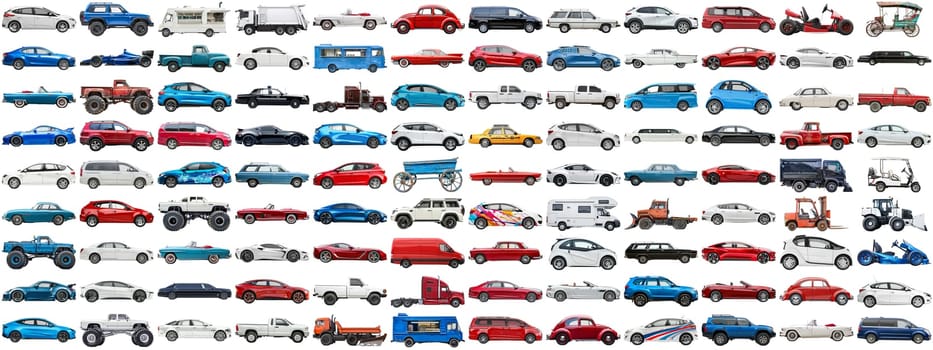 108 cars and various vehicles set of sedan, sports car, super car, bus, electric car, race car and other motor vehicles, many car photo collection set on isolated background AIG44