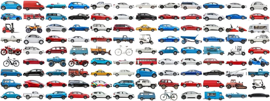 108 cars and various vehicles set of sedan, sports car, super car, bus, electric car, race car and other motor vehicles, many car photo collection set on isolated background AIG44